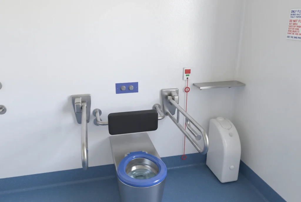 Concept render of the Fortitude Essentials Essential Access Pod, adult change room, toilet and grab rails.